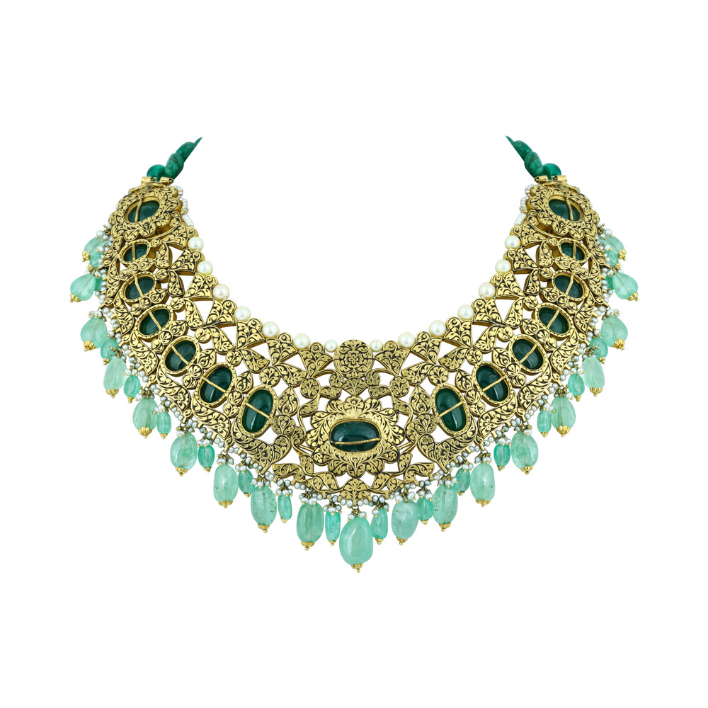 Green Cabochons & Polki Necklace Set with Pearl Accents