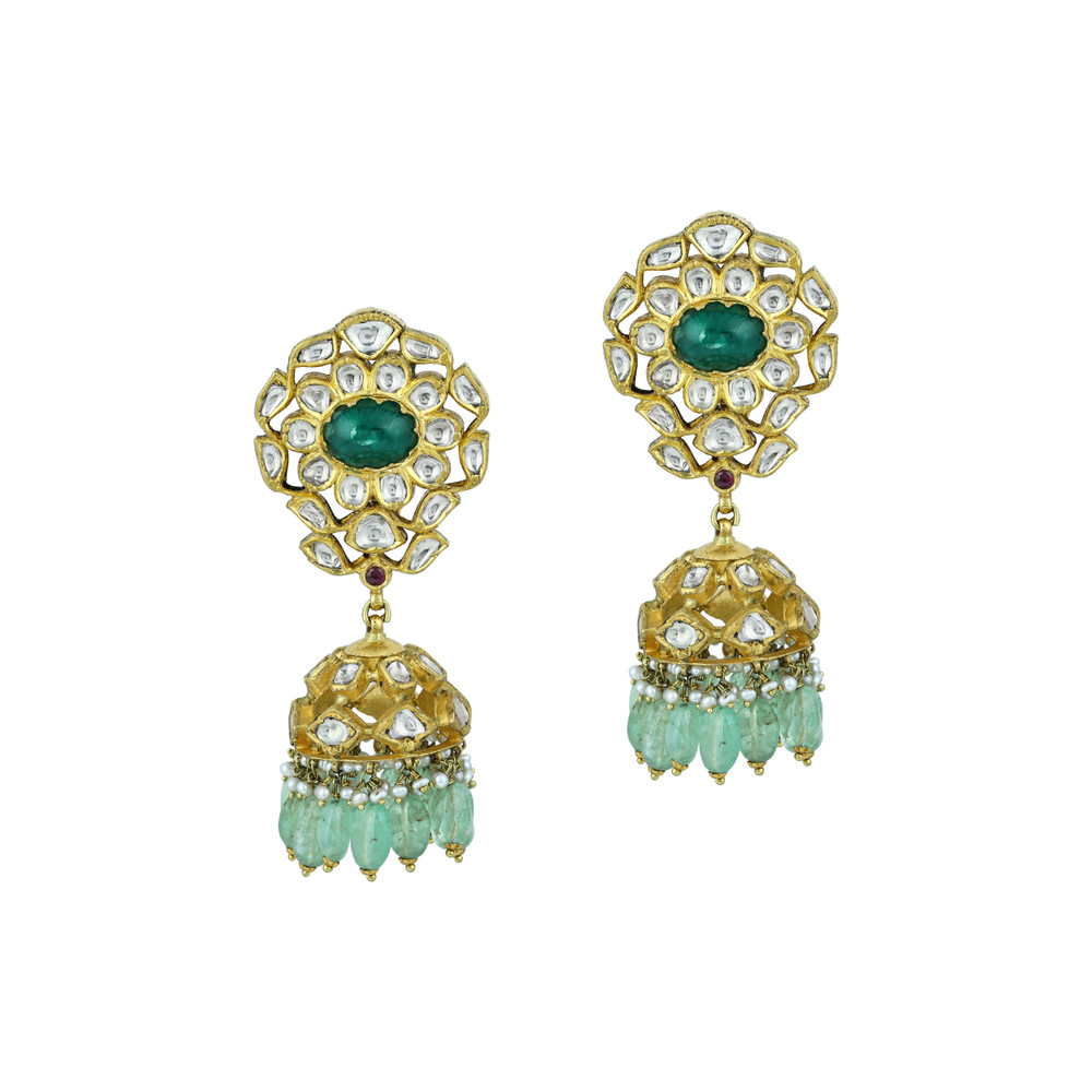 Green Cabochons & Polki Necklace Set with Pearl Accents