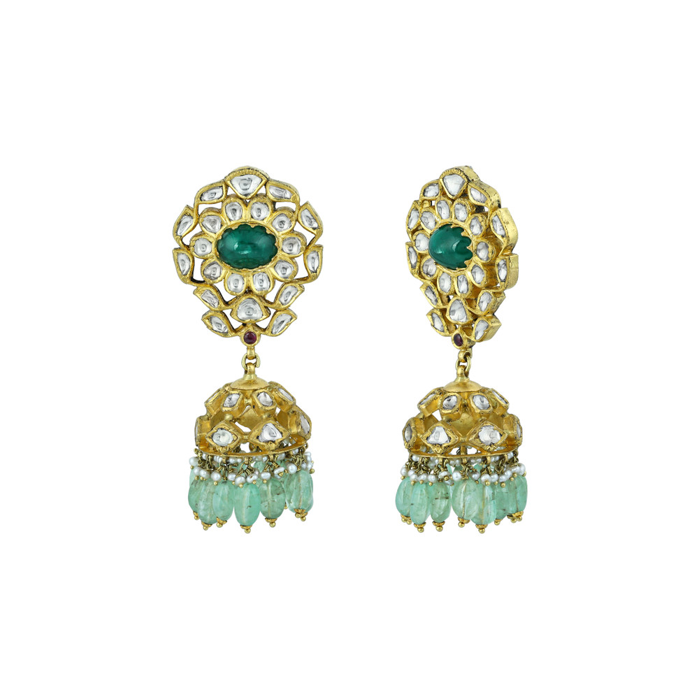 Green Cabochons & Polki Necklace Set with Pearl Accents