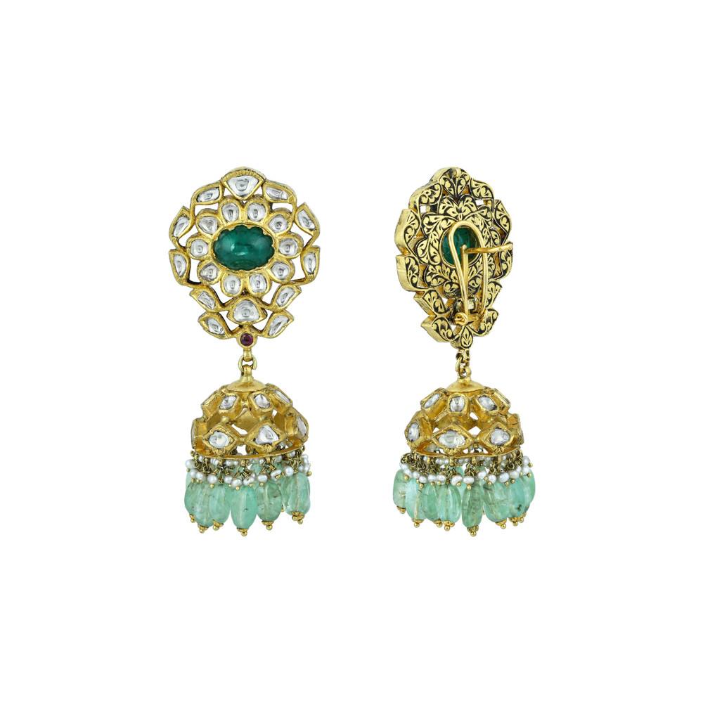 Green Cabochons & Polki Necklace Set with Pearl Accents