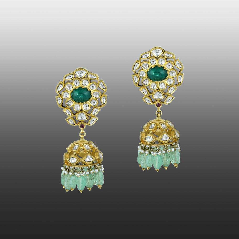 Green Cabochons & Polki Necklace Set with Pearl Accents