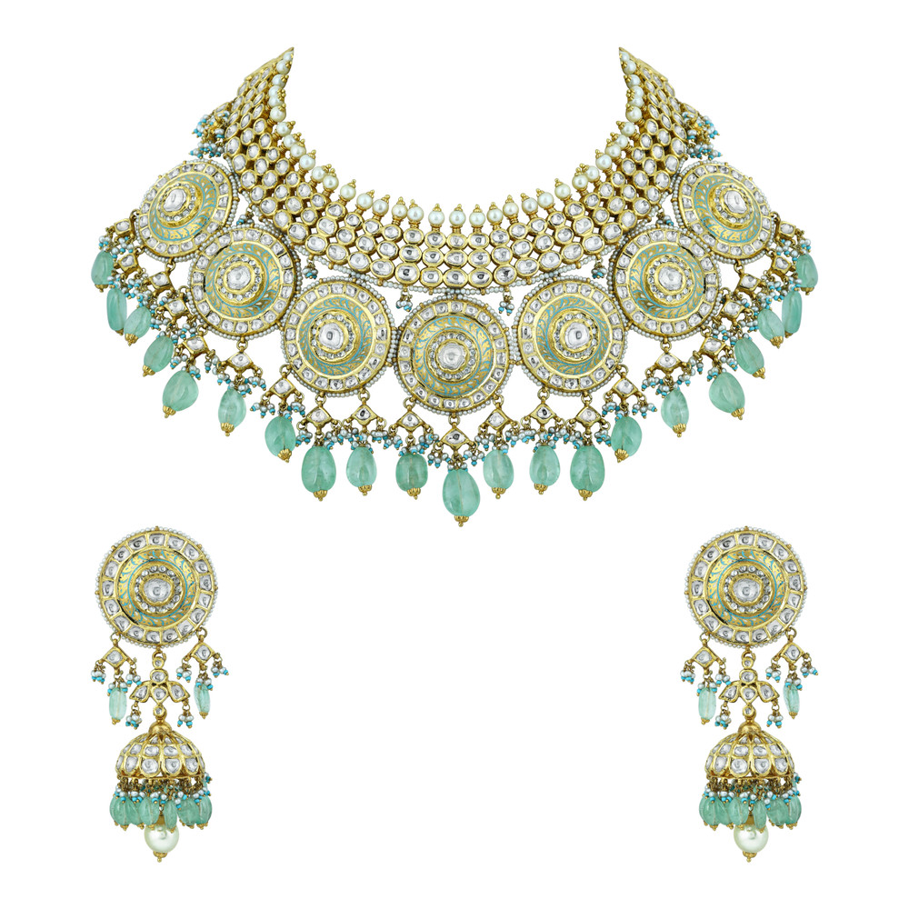 Meenakari Polki Necklace Set with Mint Green Drops and Pearls