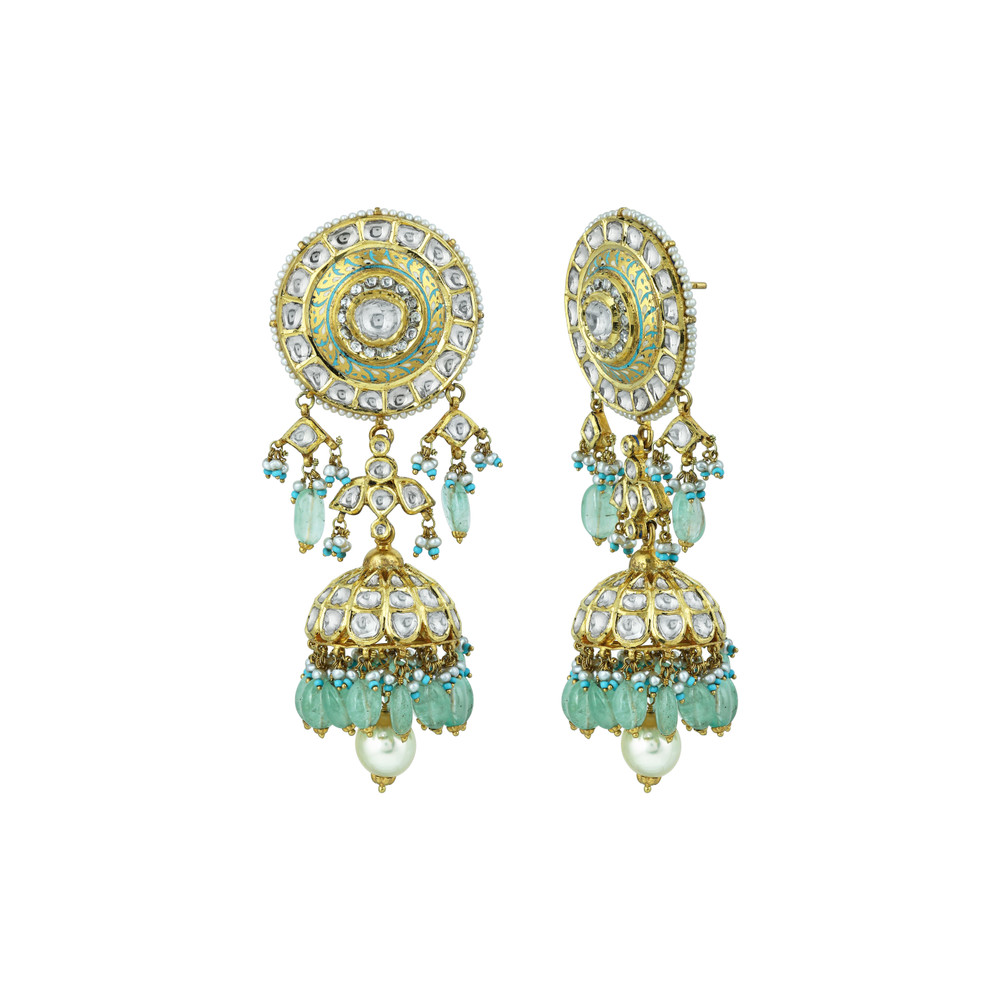 Meenakari Polki Necklace Set with Mint Green Drops and Pearls