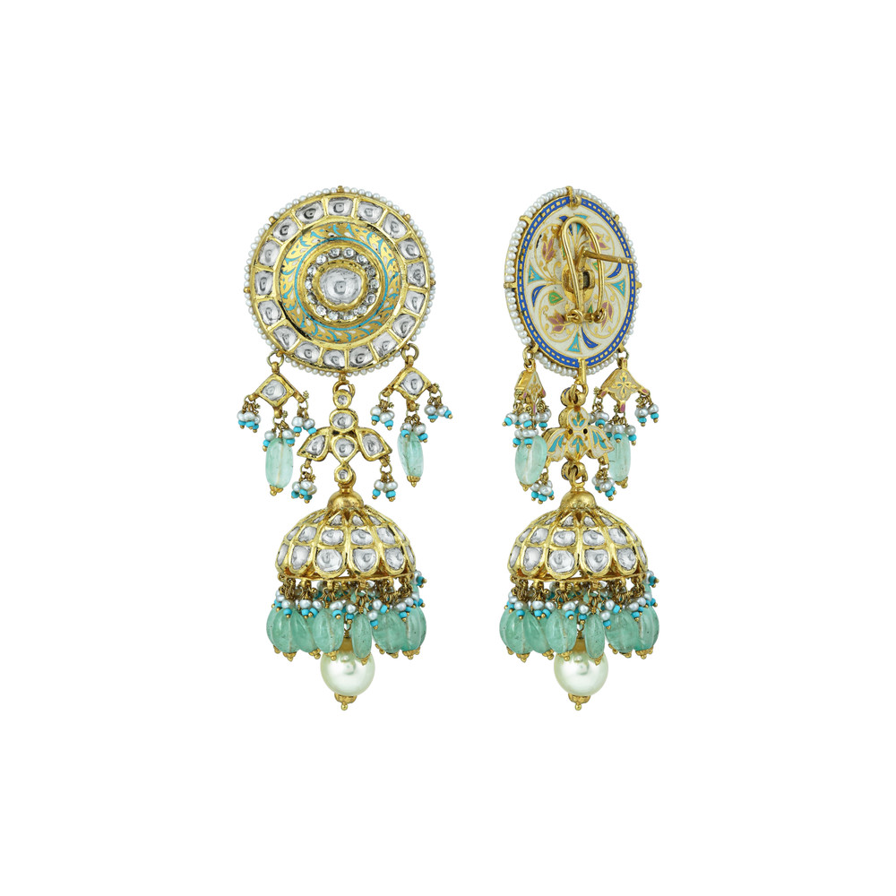 Meenakari Polki Necklace Set with Mint Green Drops and Pearls