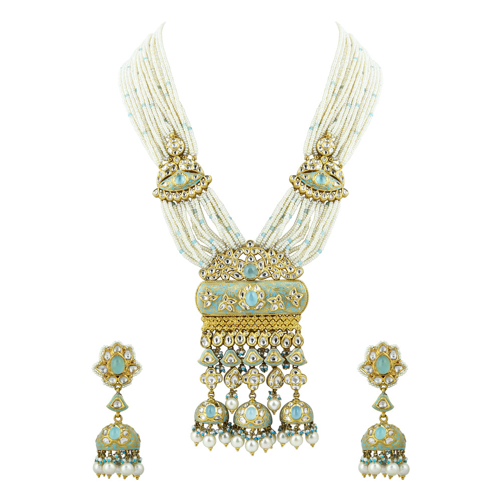 Multi-Strand Pearl Necklace Set with Polki Pendant and Blue Enamel