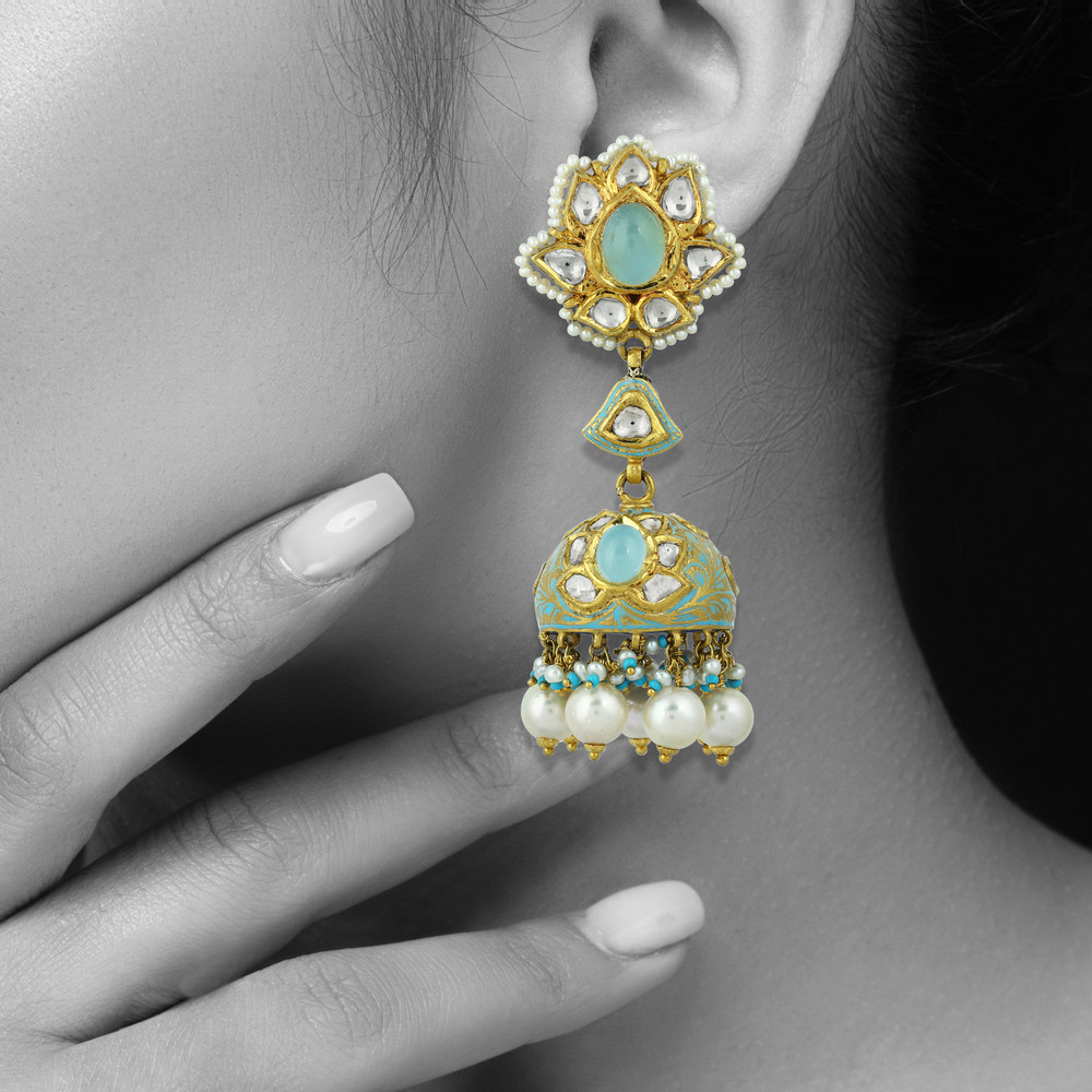 Multi-Strand Pearl Necklace Set with Polki Pendant and Blue Enamel