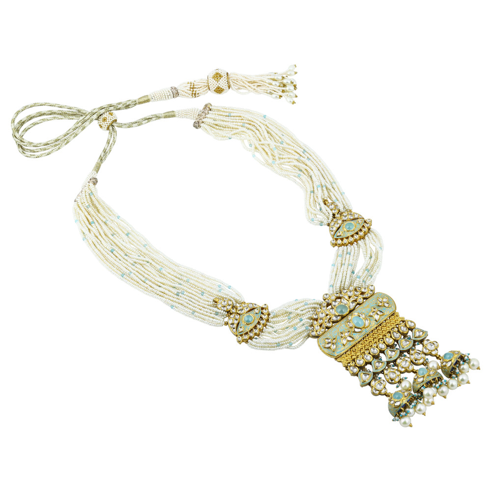 Multi-Strand Pearl Necklace Set with Polki Pendant and Blue Enamel