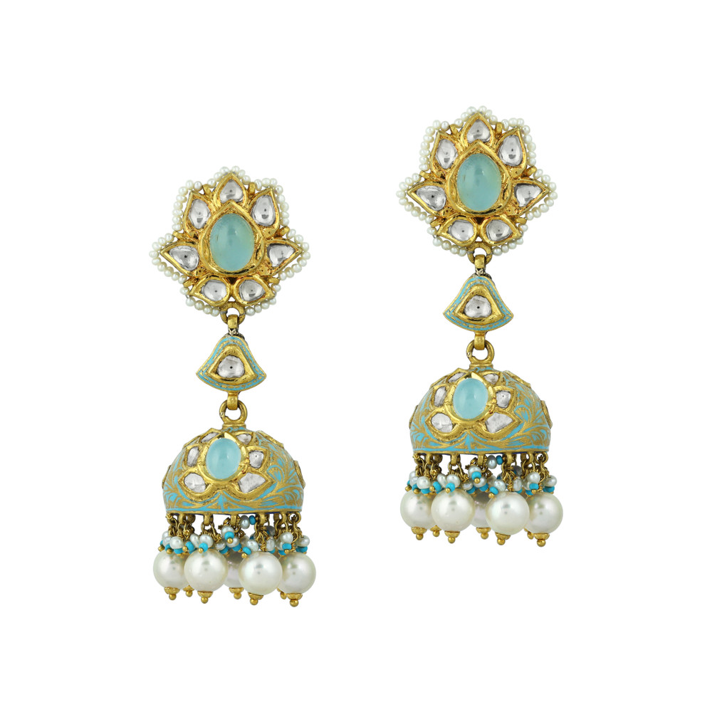 Multi-Strand Pearl Necklace Set with Polki Pendant and Blue Enamel