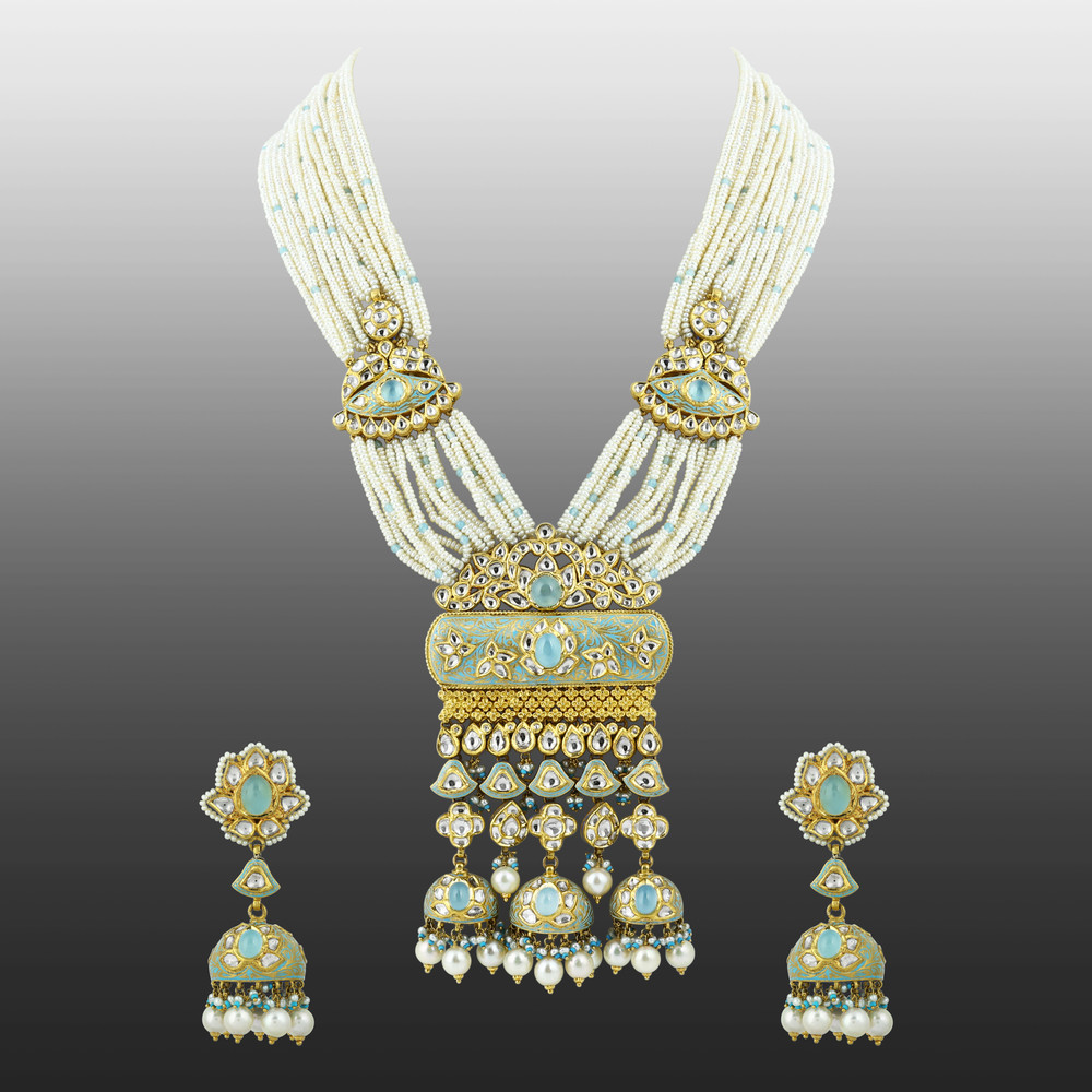 Multi-Strand Pearl Necklace Set with Polki Pendant and Blue Enamel