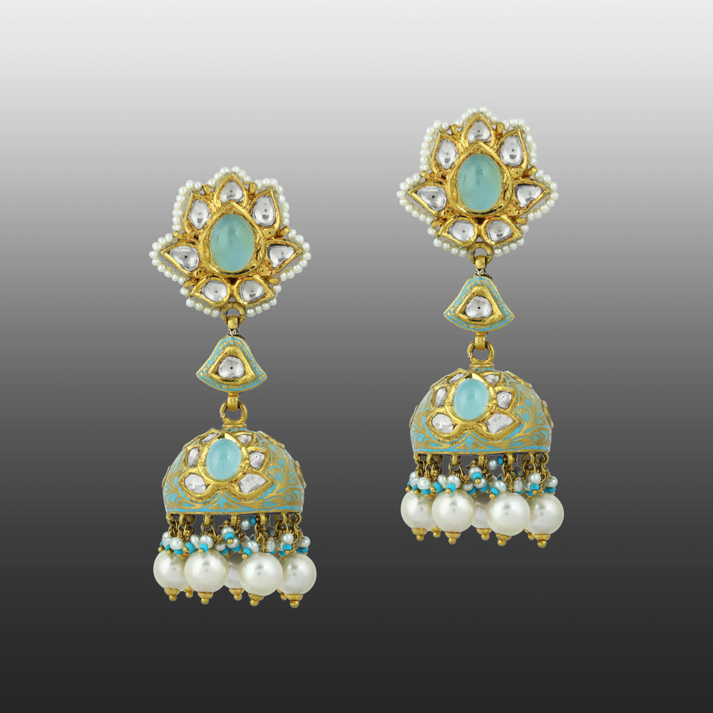 Multi-Strand Pearl Necklace Set with Polki Pendant and Blue Enamel