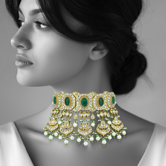 Emerald & Polki Choker with Pearl Layers and Matching Earrings