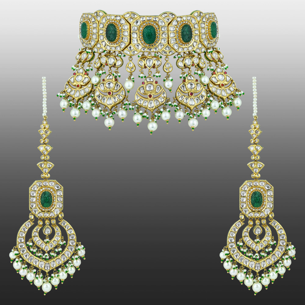 Emerald & Polki Choker with Pearl Layers and Matching Earrings