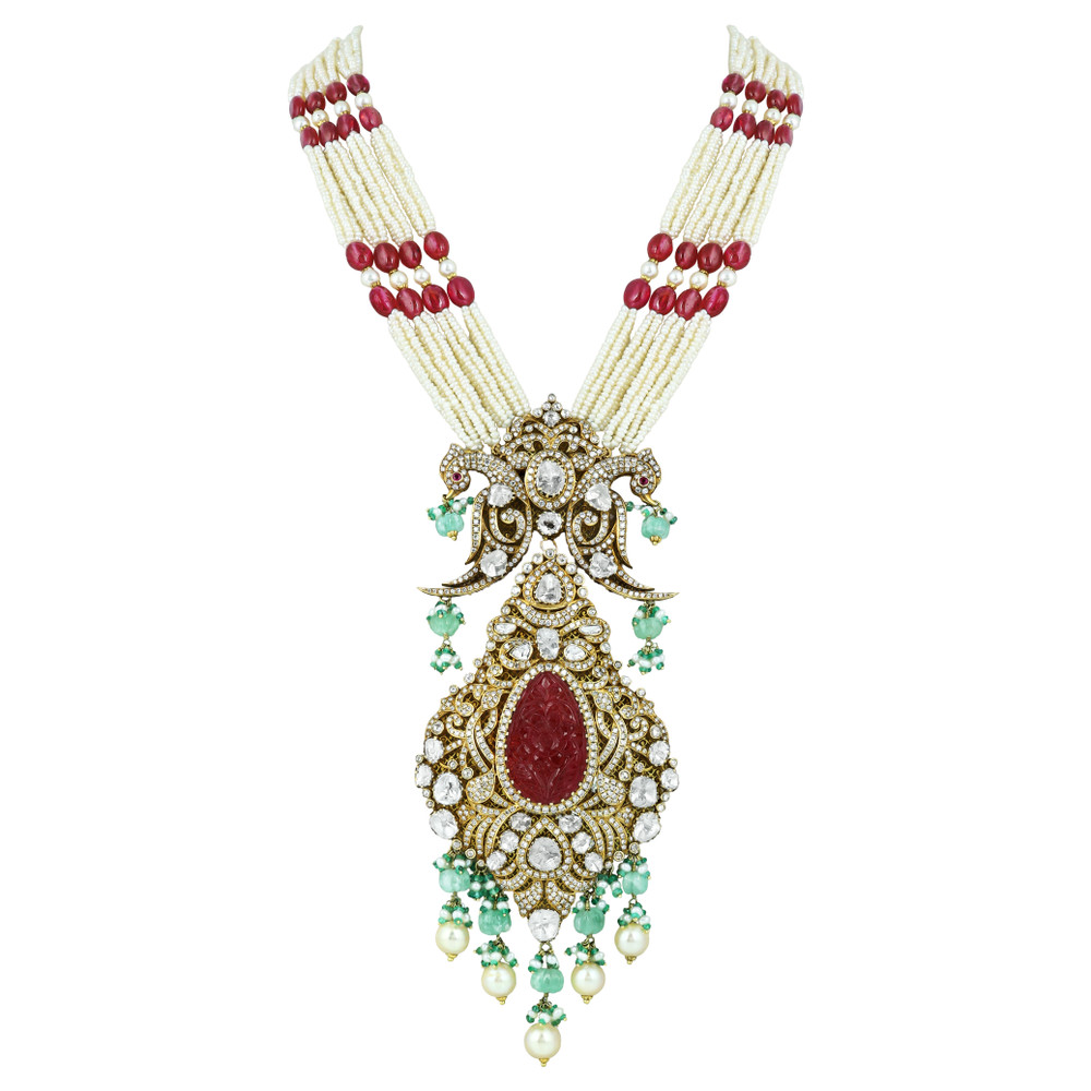 Carved Colourstone Polki Necklace with Pearl, Ruby, and Emerald Drops