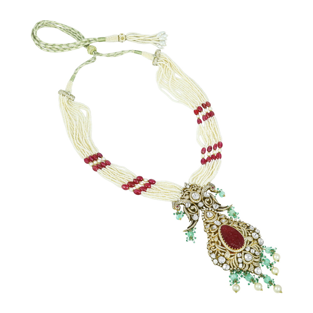 Carved Colourstone Polki Necklace with Pearl, Ruby, and Emerald Drops
