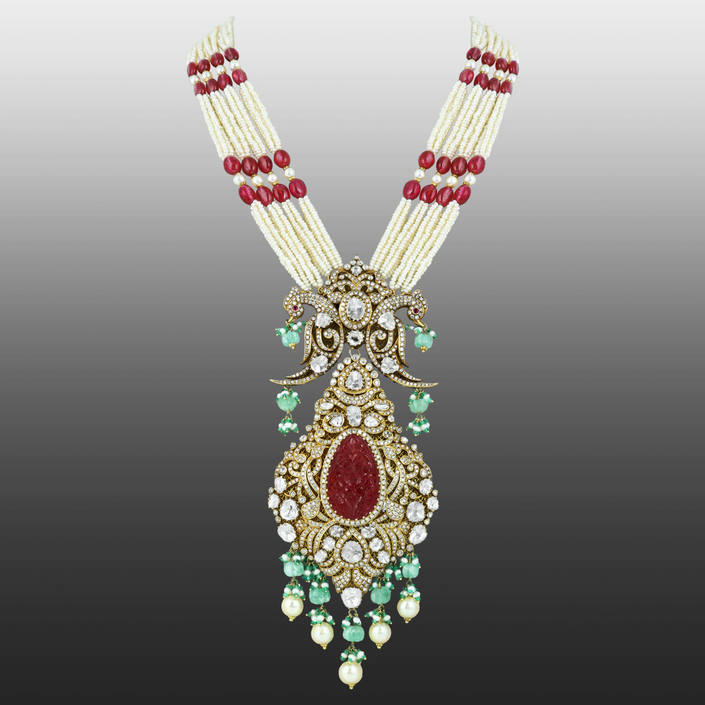 Carved Colourstone Polki Necklace with Pearl, Ruby, and Emerald Drops