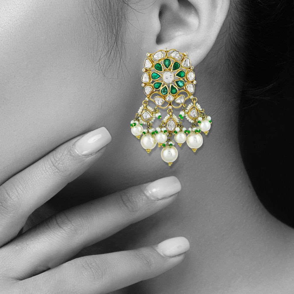 Floral Polki Choker Set with Emeralds and Pearl Drops
