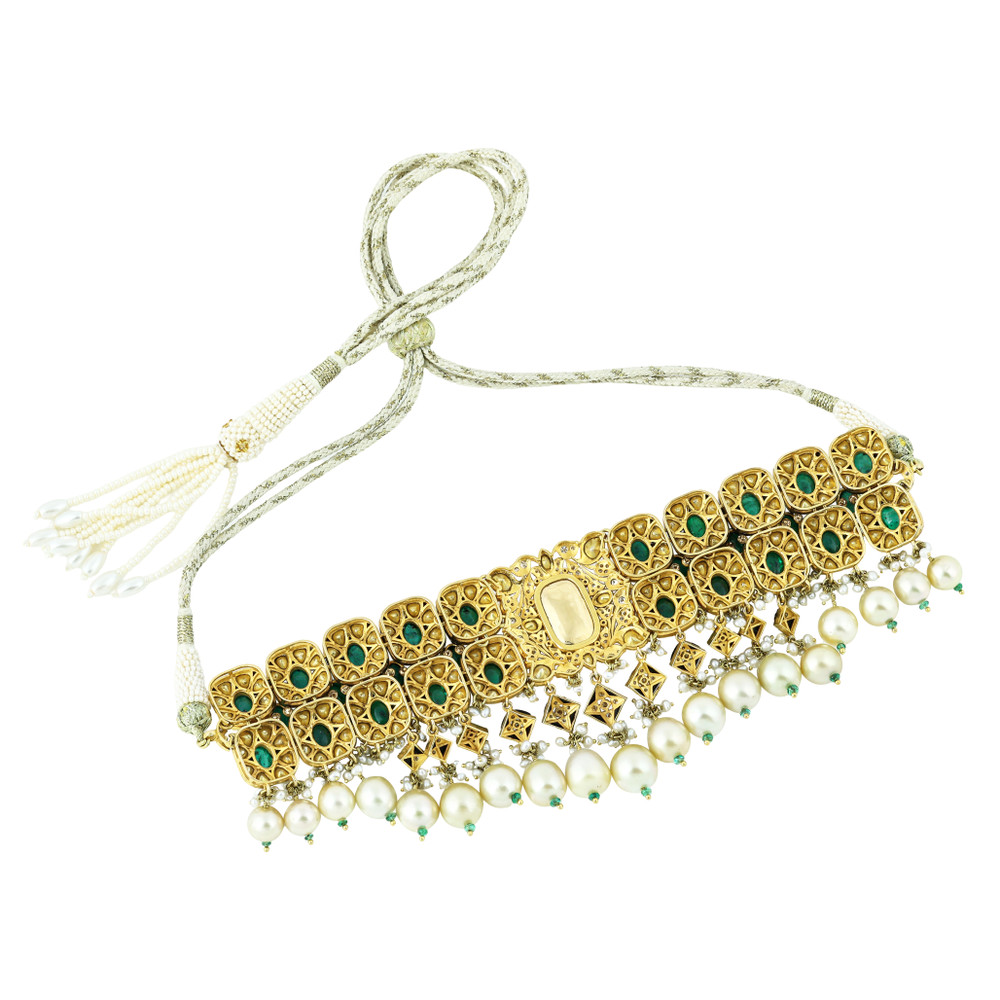 Emerald and Polki Diamond Choker with Pearl Drop Earrings