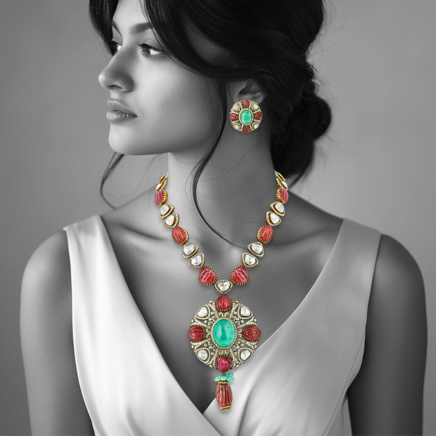 Carved Spinal and Emerald Pendant Necklace with Earrings
