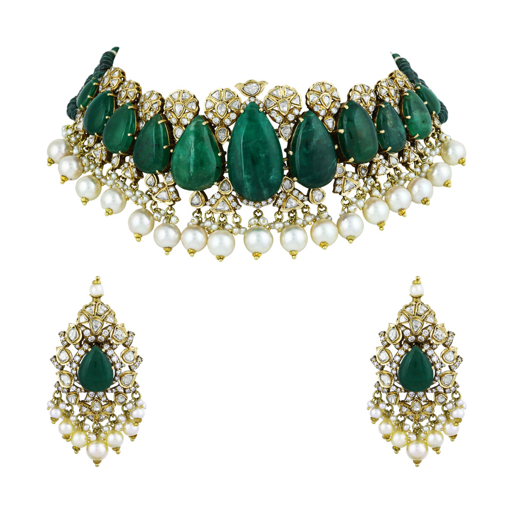 Emerald Drop Cabochon Choker Set with Polki Diamonds and Pearls