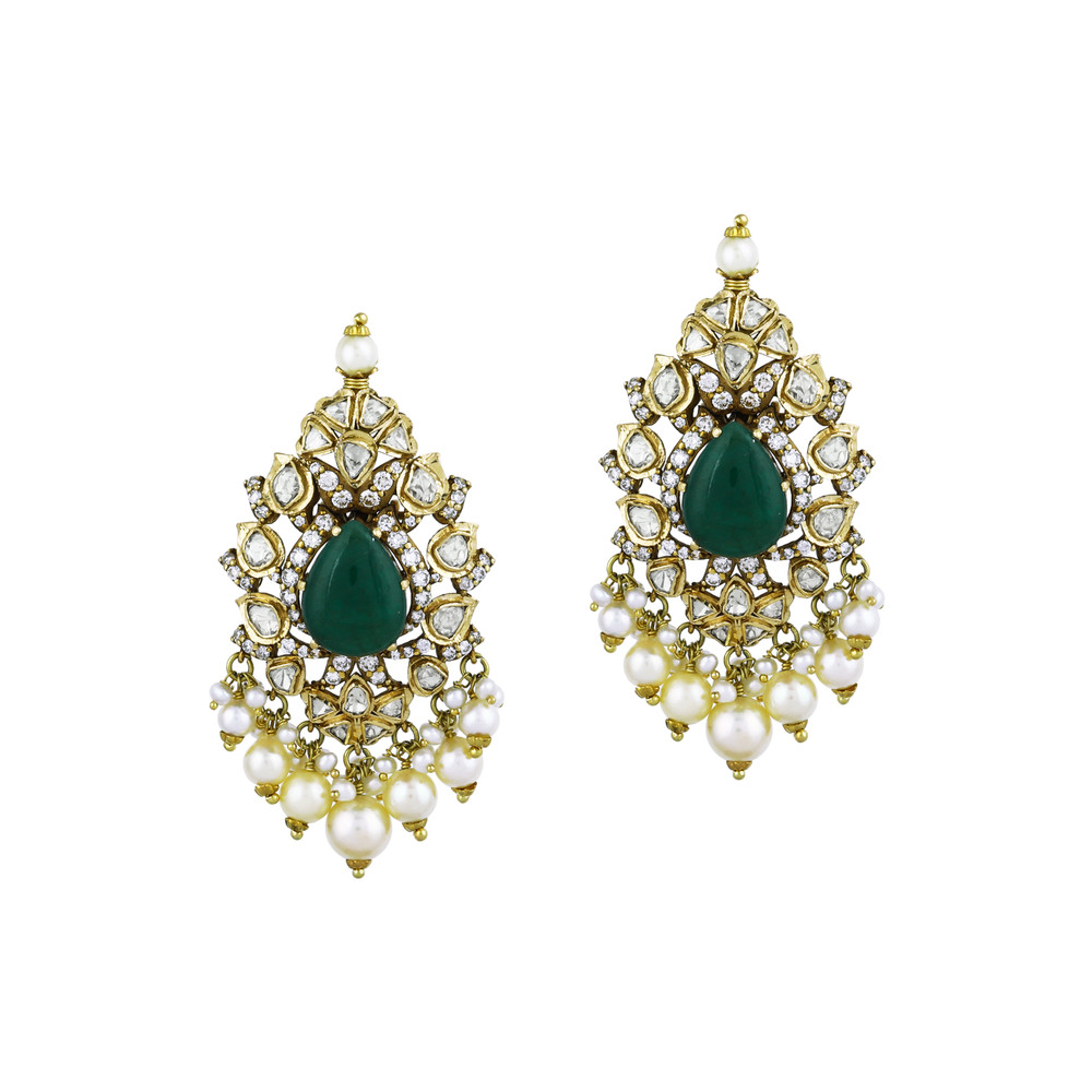 Emerald Drop Cabochon Choker Set with Polki Diamonds and Pearls