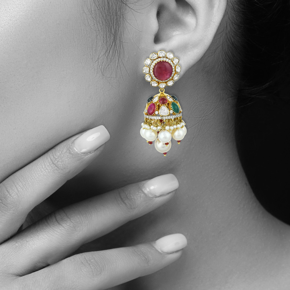 Navratan Necklace Set with Open Polki and Floral Motifs
