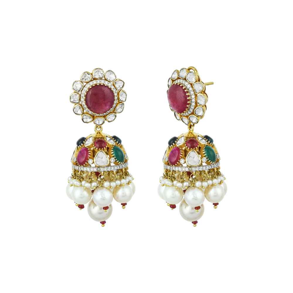 Navratan Necklace Set with Open Polki and Floral Motifs