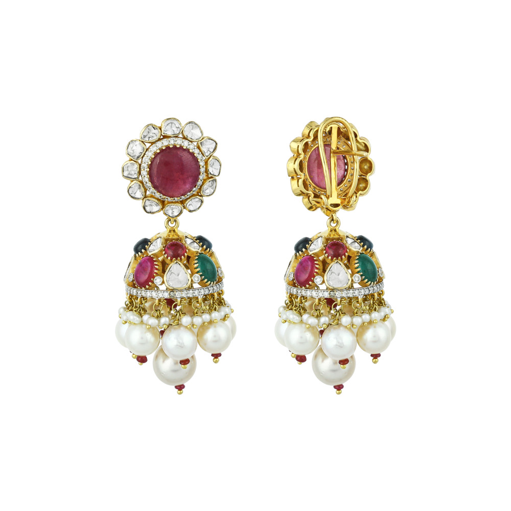 Navratan Necklace Set with Open Polki and Floral Motifs