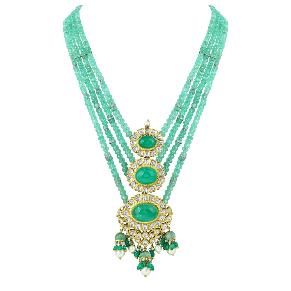 Triple Green Oval Necklace with Polki and Pearl Drops