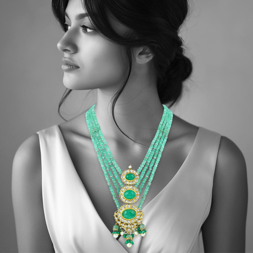 Triple Green Oval Necklace with Polki and Pearl Drops