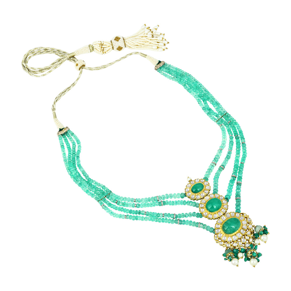 Triple Green Oval Necklace with Polki and Pearl Drops