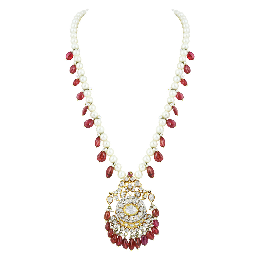 Pearl Necklace with Tourmalines & Uncut Diamond Pendant