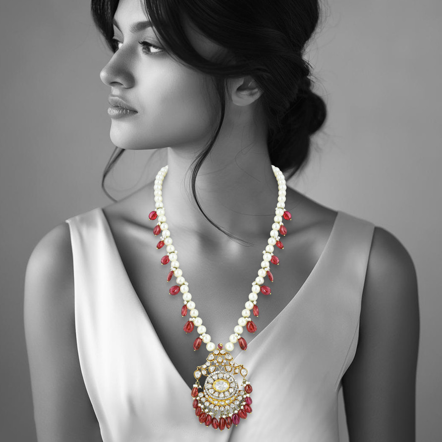 Pearl Necklace with Tourmalines & Uncut Diamond Pendant