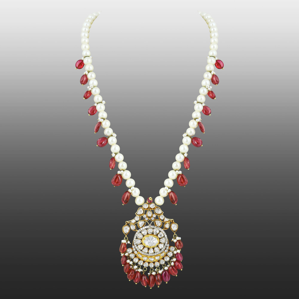 Pearl Necklace with Tourmalines & Uncut Diamond Pendant