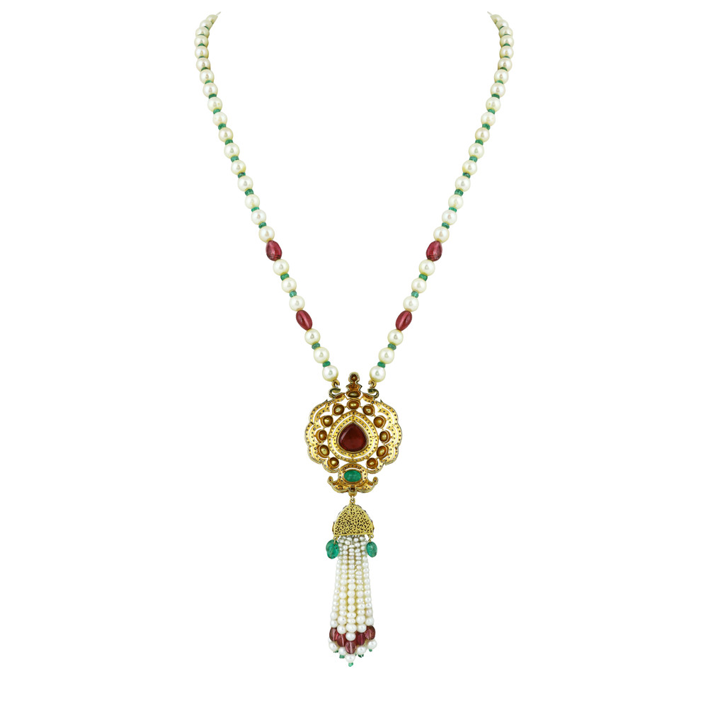 Polki Pendant with Pearl Tassels & Pear Tourmaline