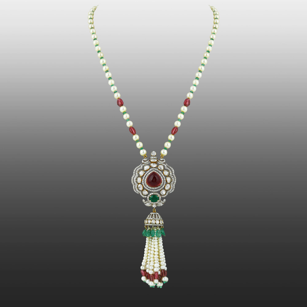 Polki Pendant with Pearl Tassels & Pear Tourmaline