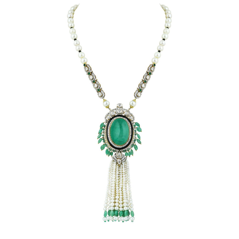 Oval Emerald Polki Pendant with Pearl & Emerald Tassels