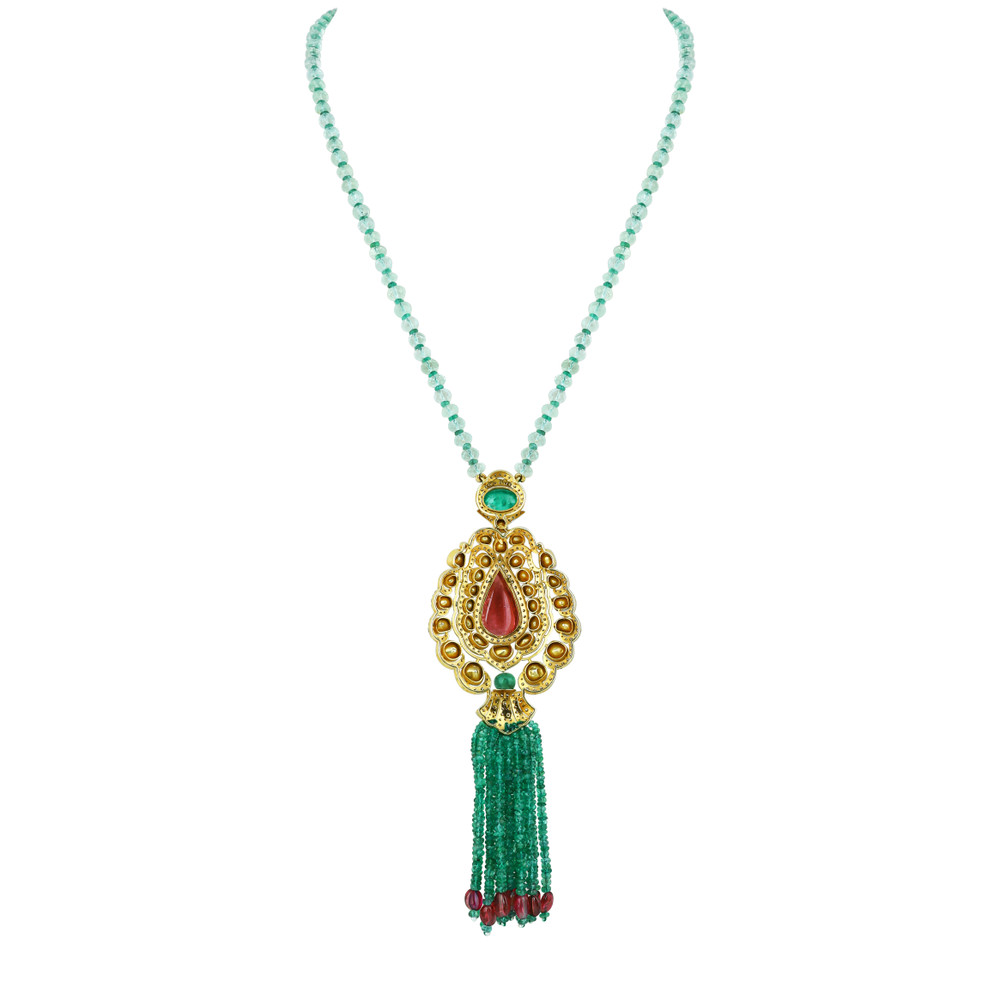 Pear Tourmaline Polki Pendant with Emerald Bead Tassels