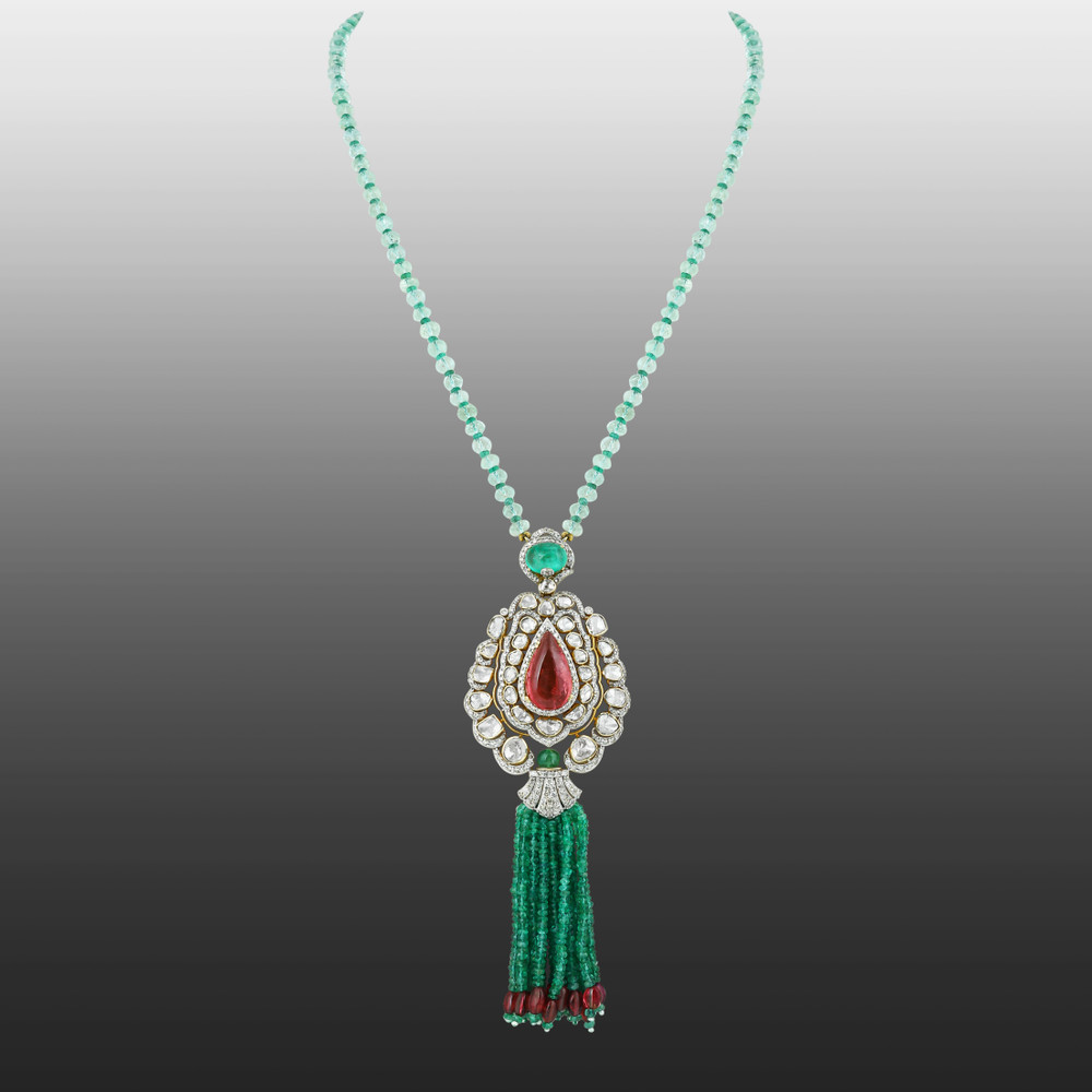 Pear Tourmaline Polki Pendant with Emerald Bead Tassels