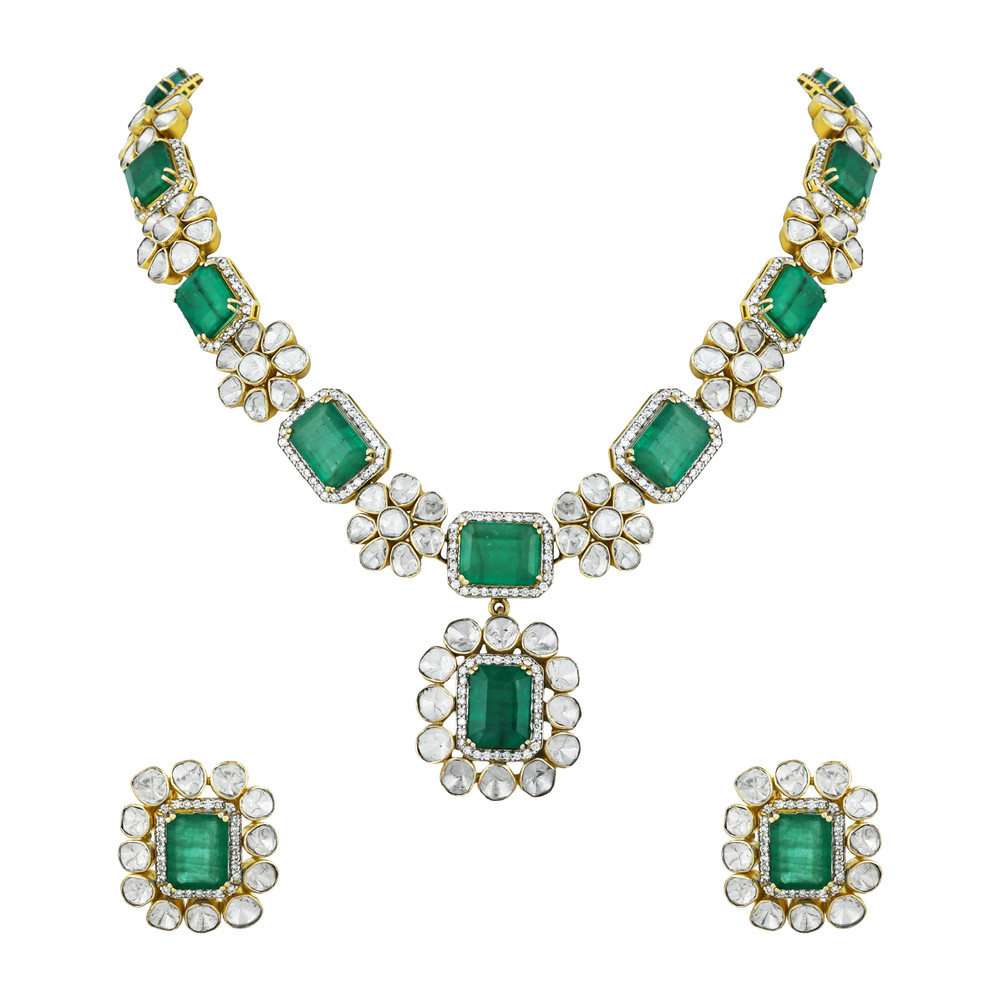 Emerald & Polki Necklace Set with Floral Motifs
