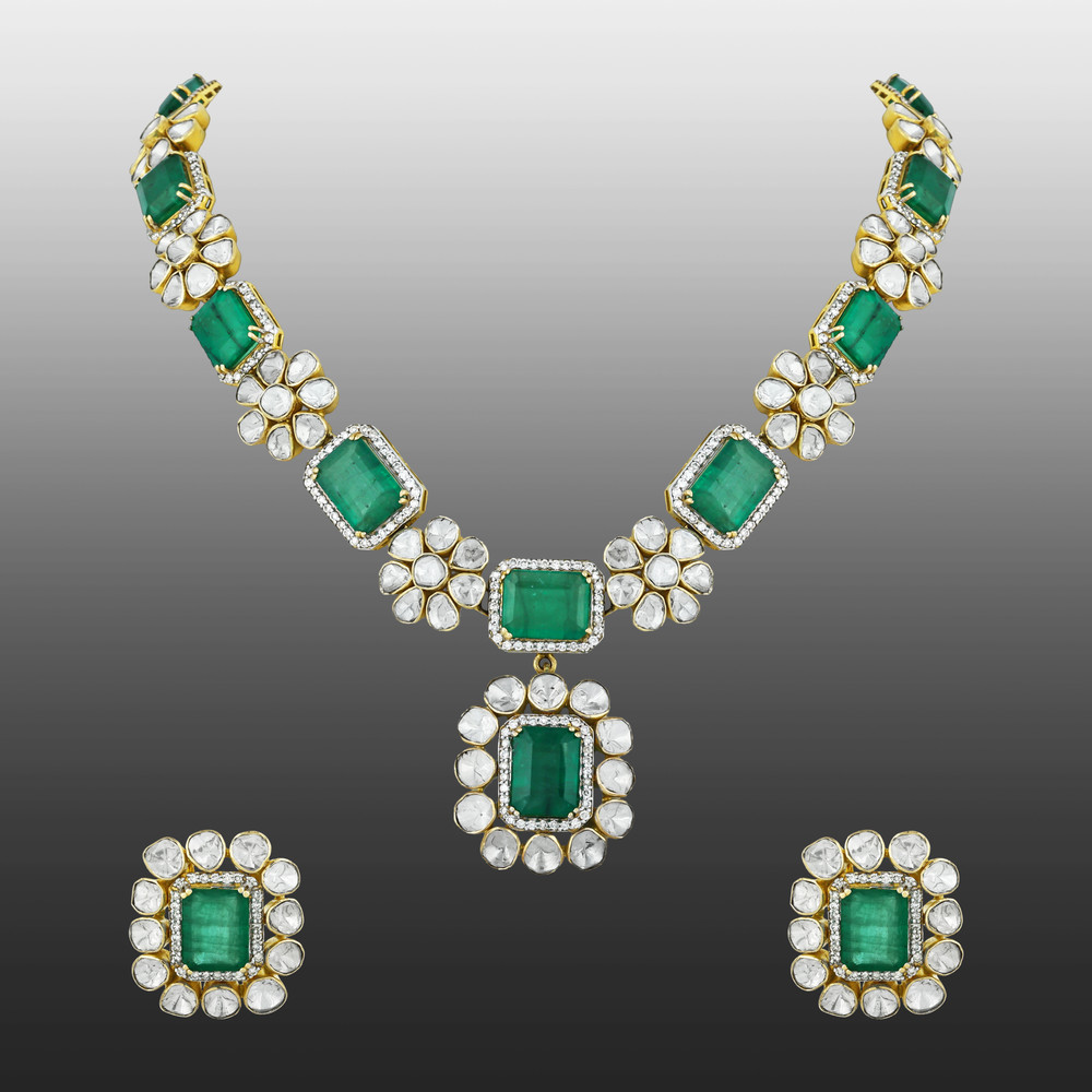 Emerald & Polki Necklace Set with Floral Motifs