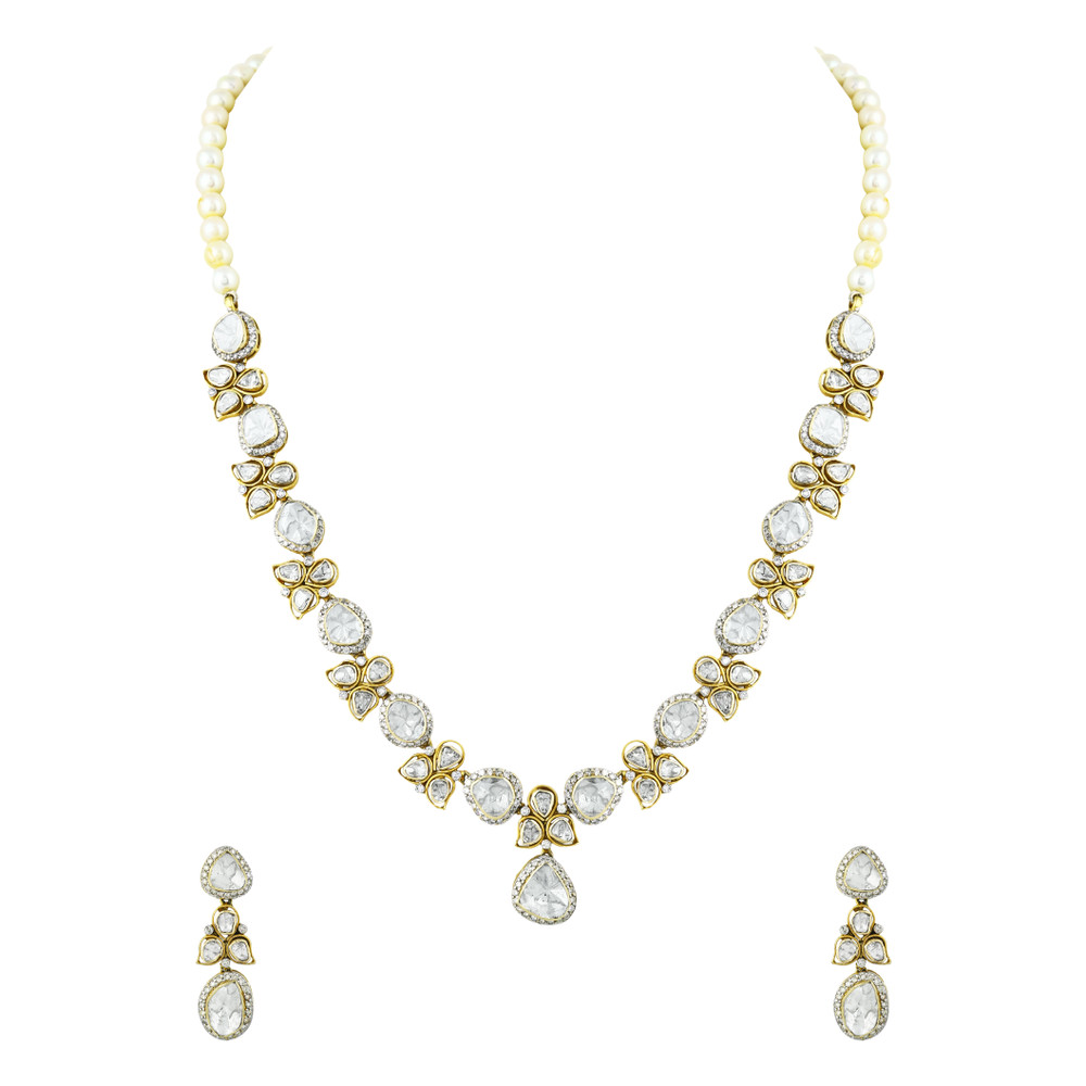Floral Polki Necklace Set with Pearls and Matching Earrings