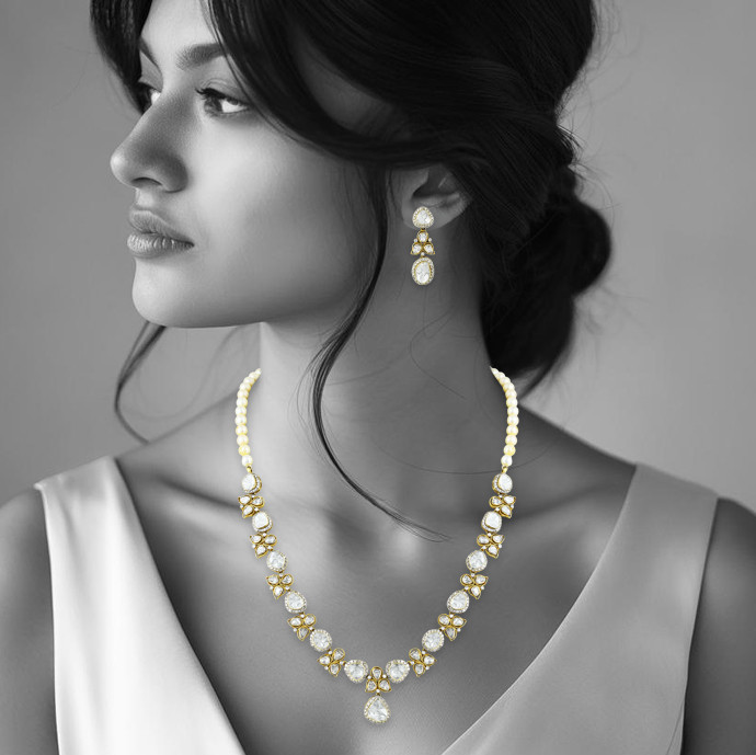 Floral Polki Necklace Set with Pearls and Matching Earrings
