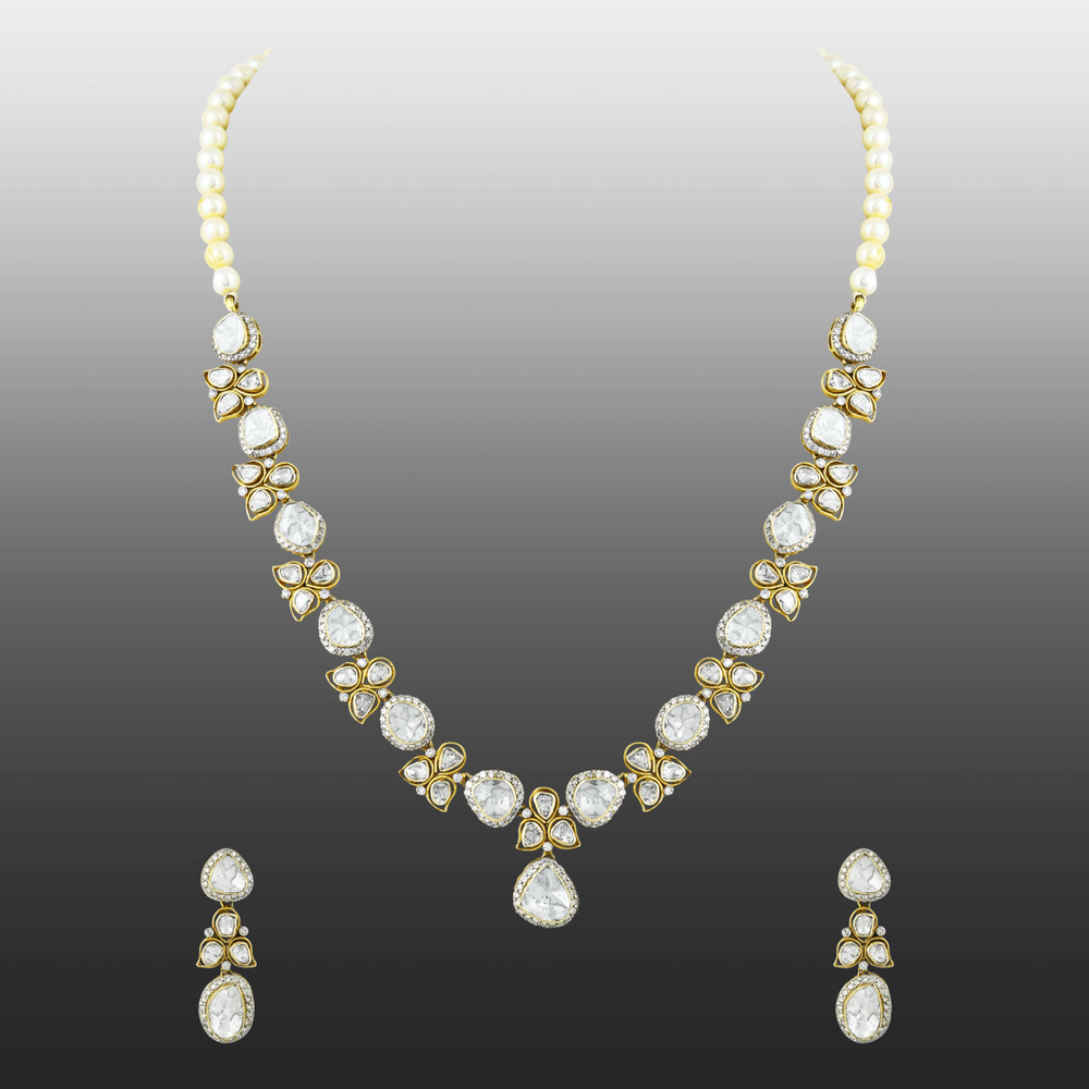 Floral Polki Necklace Set with Pearls and Matching Earrings