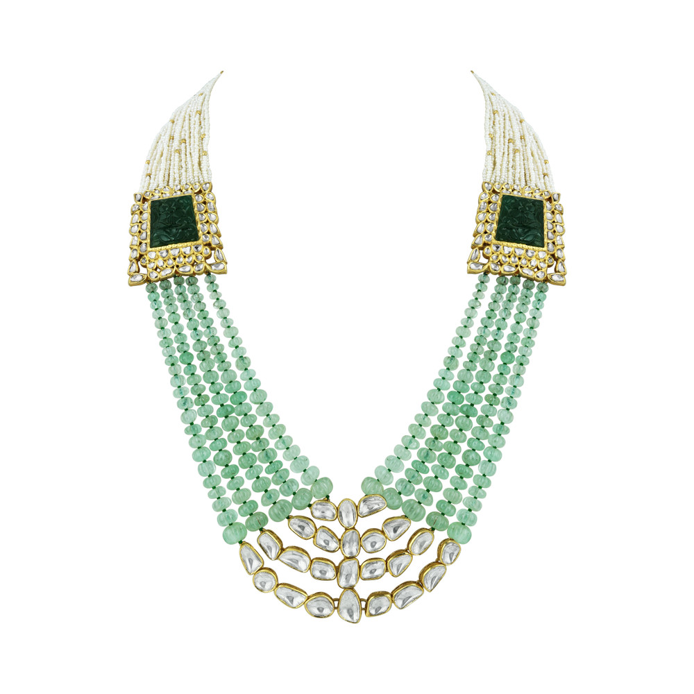 Polki Necklace with Carved Gemstone & Cascading Green Beads