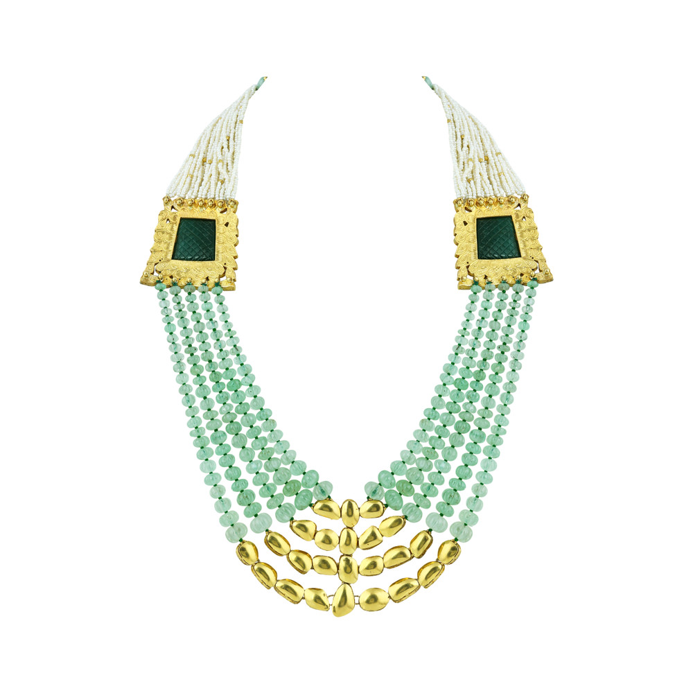 Polki Necklace with Carved Gemstone & Cascading Green Beads