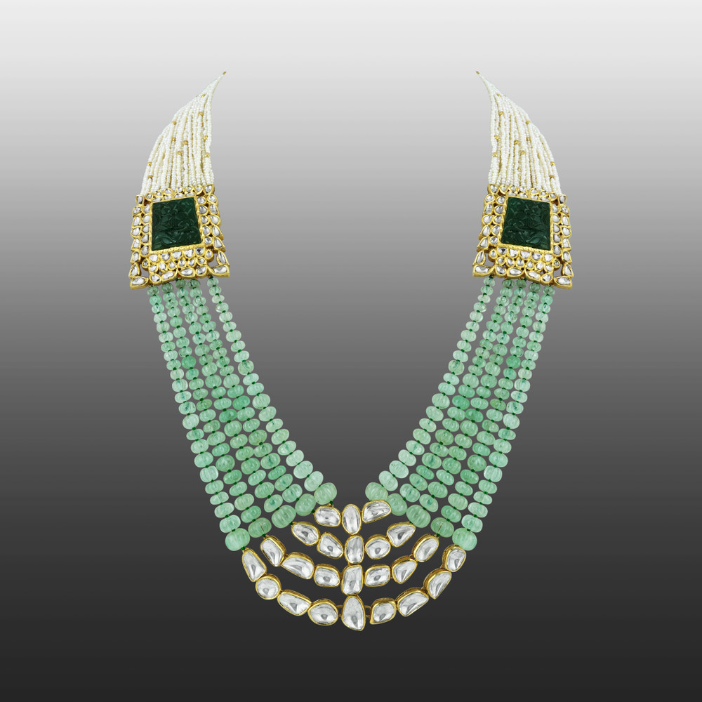 Polki Necklace with Carved Gemstone & Cascading Green Beads