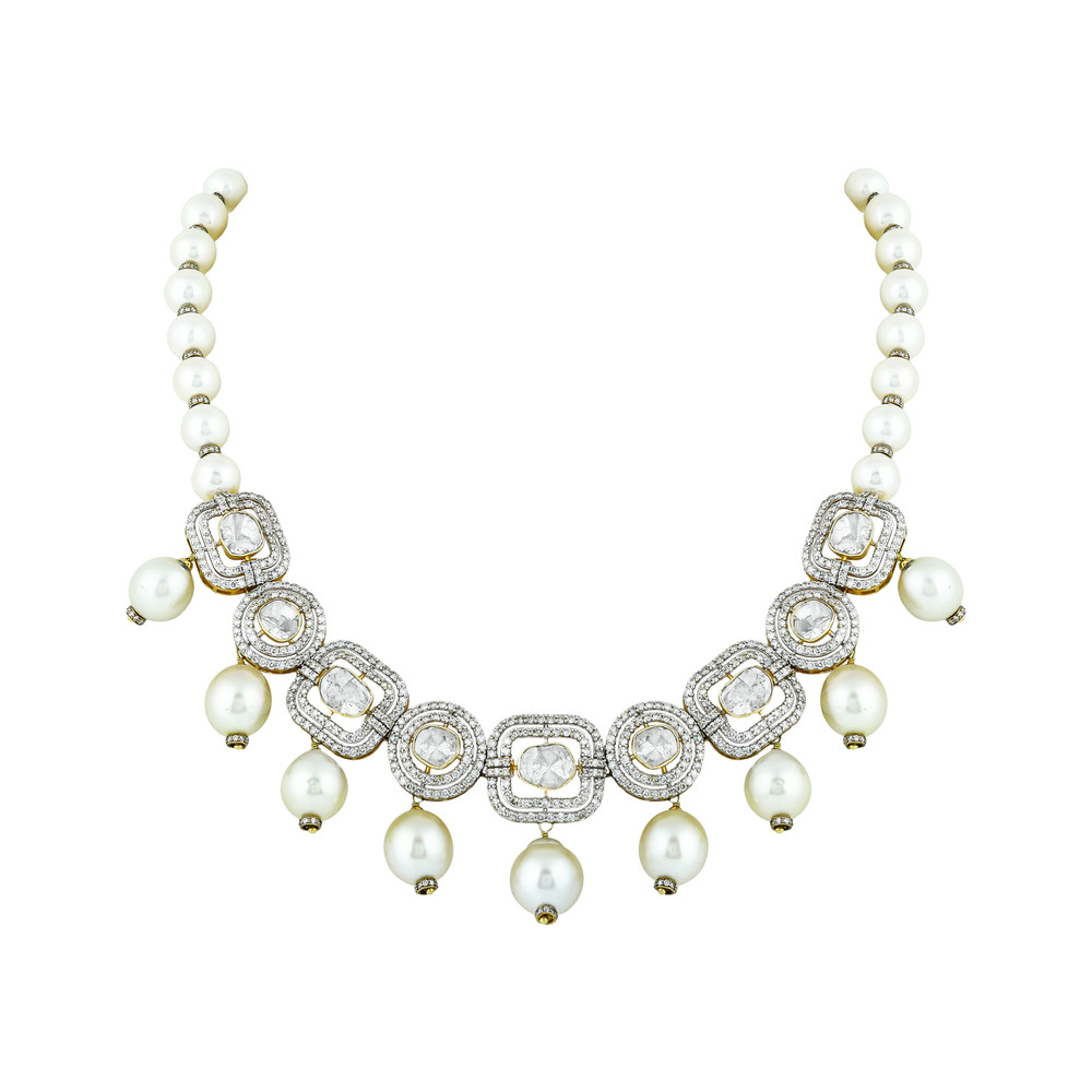 Square Polki Necklace with Diamond Frames & Southsea Pearls