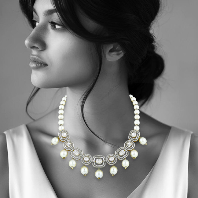 Square Polki Necklace with Diamond Frames & Southsea Pearls