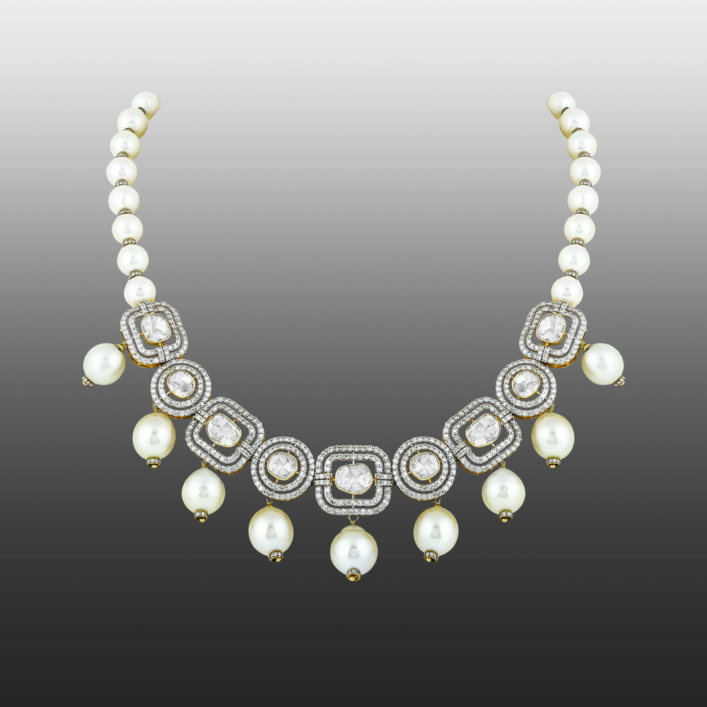Square Polki Necklace with Diamond Frames & Southsea Pearls