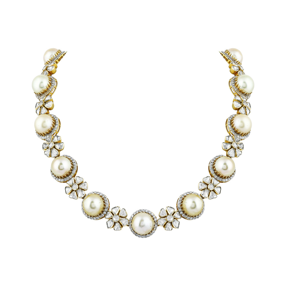 Pearl Necklace with Polki Floral Motifs & Diamond Halos